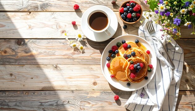 Overhead shot of pancakes with berries, coffee, and flowers on a rustic wooden table in bright sunlight.