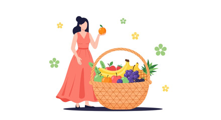 Woman Showcases Fruit Selection From Basket Depicting Healthy Eating and Fresh Produce