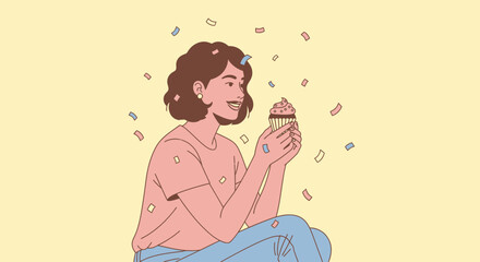 Woman Smiling Celebrates With Cupcake Amidst Falling Confetti Of Different Colors
