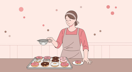 Woman Sprinkling Confectioner's Sugar On Donuts For Sweet Treat Dessert Baking