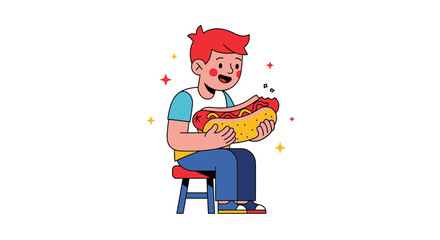 Young Boy Enjoys A Tasty Hot Dog, Illustration For Snacks And Fast Food Design.