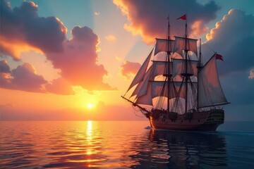 Fototapeta premium Majestic Vintage Sailing Ship at Sunset Graceful Sailboat on Calm Sea, Idyllic Maritime Adventure