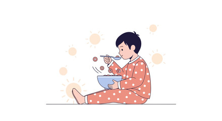 Young Person In Pajamas Enjoying Cereal With Light Elements For Visual Appeal