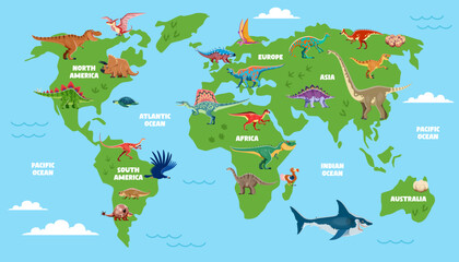 Prehistoric dinosaurs map infographics. Vector educational world map showing dinosaurs distributed across continents, each labeled with regional names and oceans, illustrating where dino species lived © Vector Tradition