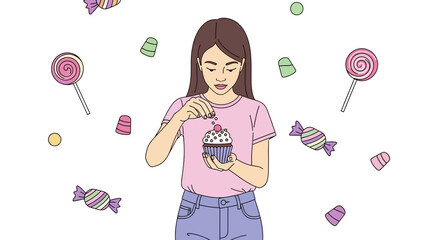 Young Woman Decorating a Cupcake Surrounded by Sweets and Colorful Candies Illustration