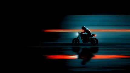 A captivating silhouette of a motorcycle rider hurtling through a vibrant night scene, illuminated by streaks of orange and teal light.