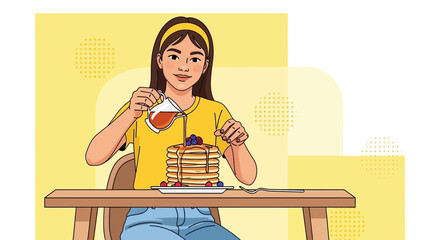 Young Woman Prepares Delicious Pancakes with Fresh Berries and Pouring Syrup