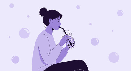 Young Woman Savoring Tapioca Drink With A Straw In Modern And Stylish Illustration Design