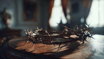 Fototapeta premium Crown of thorns on wooden table, blurred background