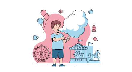 Youngster Enjoying Cotton Candy at a Colorful Amusement Park Filled with Joy