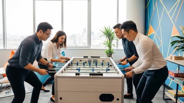 Energetic colleagues playing foosball in a vibrant, modern office space.