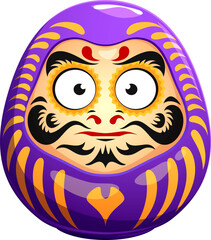 Japanese daruma doll of Japan culture symbol and talisman, vector purple face. Daruma doll of Japanese art for health and longevity, nobility and spirituality symbols in Japan tradition and culture