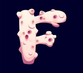 Beach seashell cartoon font letter F. Ocean seashell English alphabet typeset symbol, underwater mollusk shell cartoon vector type element. Sea conch font sign or kids ABC typeface letter