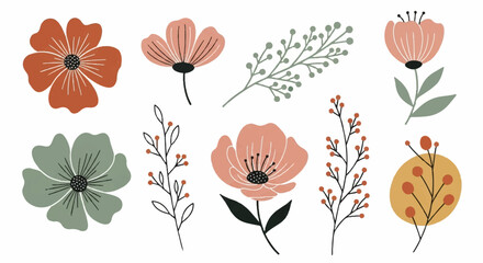 A delightful collection of hand-drawn botanical elements, featuring various stylized flowers and delicate foliage branches in a charming, earthy color palette, perfect for modern design projects