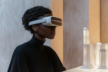 Woman experiences virtual reality simulation with architectural models, exploring future design possibilities.