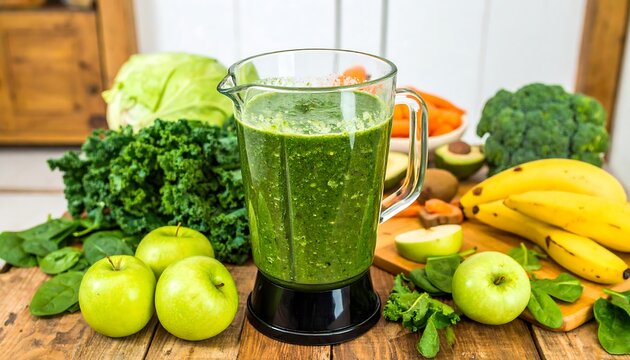 Green smoothie in a blender surrounded by fresh fruits and vegetables on a wooden table - Powered by Adobe
