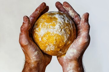 Baker's hands gently cradle golden dough ball ready for artisanal bread baking or pizza making