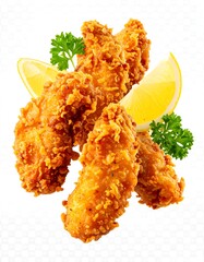 Crispy fried chicken pieces with lemon slices