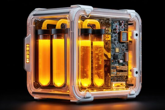 Glowing orange liquid in transparent tubes within a translucent cube, showcasing internal circuitry