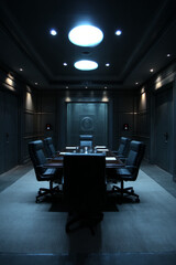 A fortified corporate boardroom with biometric scanners on the doors Executives review sensitive documents under armed security
