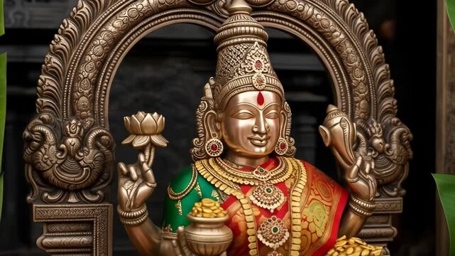Exquisite golden lakshmi idol adorned with rich ornaments and offerings symbolizing prosperity for hindu festivities