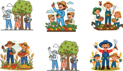 Happy farmers harvesting fruits and vegetables with children, cartoon farm illustration, agriculture concept, organic food, healthy lifestyle, family gardening