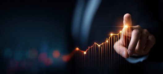 Business hand pointing to a rising graph on a dark background