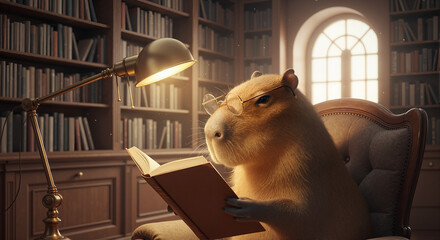 Capybara reading book in library with glasses beneath warm lamp light, capturing intellectual charm. Capybara with glasses absorbs knowledge in antique library,