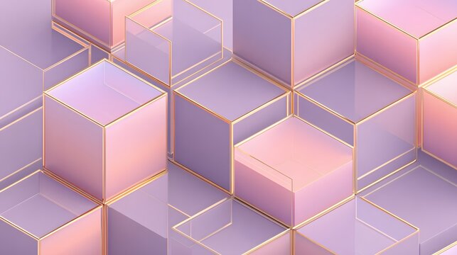 A  geometric arrangement of interlocking, pastel-toned cubes with gold-toned borders creates a sophisticated, modern aesthetic.