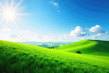 Fototapeta premium A serene landscape featuring a vast, open sky, rolling hills, and lush green fields bathed in soft sunlight Ideal for nature, travel, and environmental themes , adventure, majestic, horizon