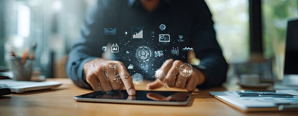 Person using a tablet with digital interface overlay