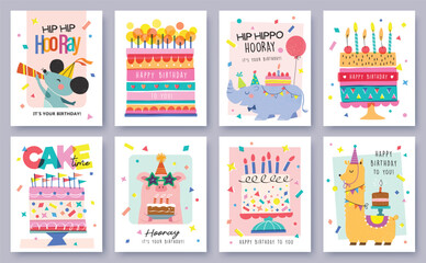 Fototapeta premium Happy birthday collection with cartoon character animals, cakes and colorful confetti. Birthday party vector illustration for greeting card, gift tag, invitation, poster, sticker, prints.