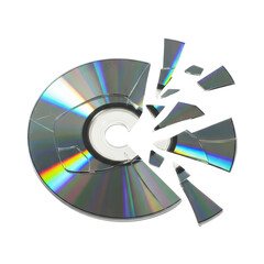 Broken compact disc with shattered pieces and reflective surface on transparent background