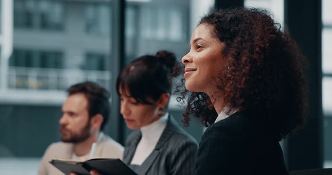Office, group and listening to presentation, notes and HR manager with notebook and panel interview. People, writing or meeting for onboarding, corporate and info for job opportunity in business