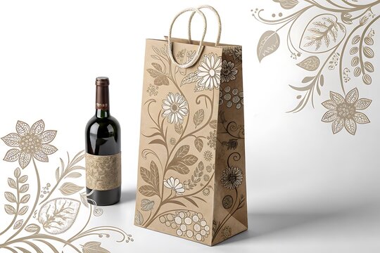 Elegant patterned wine bottle bag with a dark glass bottle on a white background