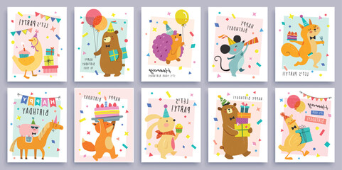 Fototapeta premium Happy birthday collection with cartoon character animals, cakes and colorful confetti. Birthday party vector illustration for greeting card, gift tag, invitation, poster, sticker, prints.