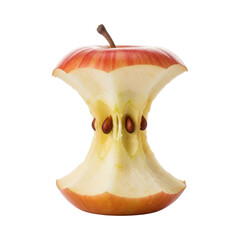 Apple core on transparent background: half-eaten fruit with seeds and stem exposed