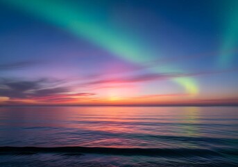 Obraz premium Aurora Borealis over Calm Ocean at Sunset.