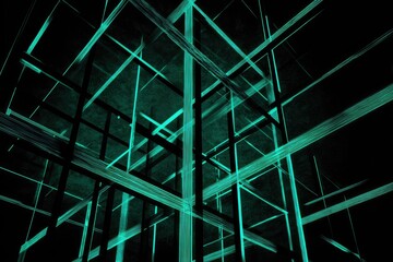 Glowing teal lines intersect, forming a complex, 3D grid structure against a dark background