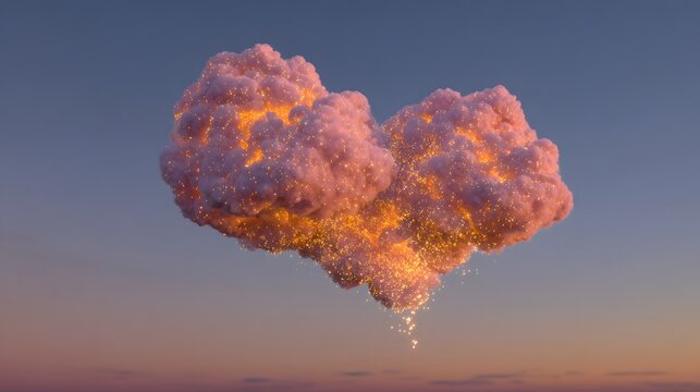 A heart-shaped cloud formation, filled with glowing particles, floats against a serene twilight sky. - Powered by Adobe