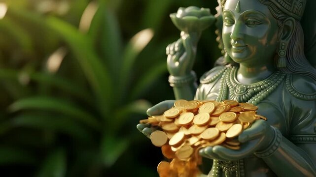 Goddess lakshmi statue holding abundant gold coins symbolizing prosperity wealth and good fortune for festive occasions