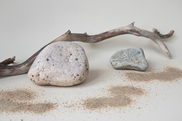 A dry tree branch and rocks on a background of beach sand. Minimalistic creative composite background for the presentation of cosmetics or products. Front view