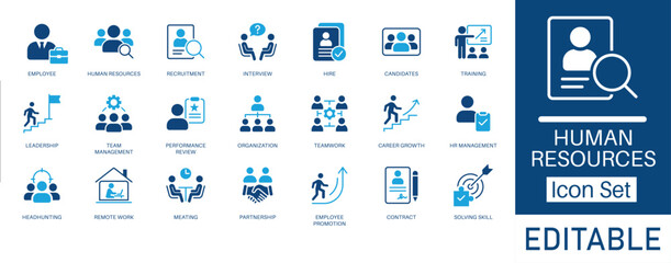Human Resources and Recruitment icon set. Includes symbols for Interview, Hire, Team Management, and Performance Review. Solid icons for employee management, career growth, and corporate training.