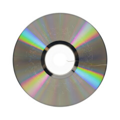 Scratched compact disc with cracks and rainbow reflection