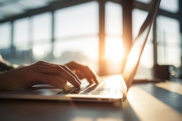 Hands typing on laptop in sunlight