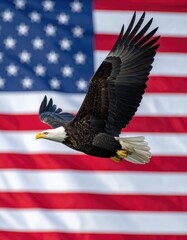 Naklejka premium Bald Eagle in Flight with a Soft American Flag in Background
