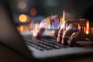 Close-up of hands typing on laptop with holographic financial data overlay