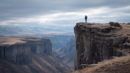 The View Of A Lone Hiker Looking Over A Large Canyon