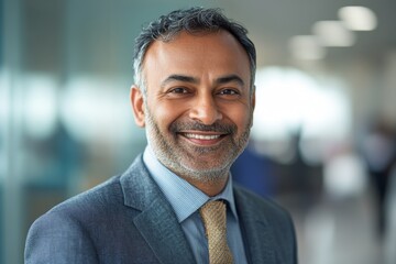 Confident Indian businessman smiles in a modern office environment, exuding leadership and professional confidence in a corporate setting, Generative AI