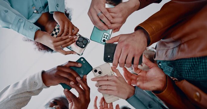 Phone, circle and business people in office for networking, communication or connectivity with research. Technology, teamwork and group of employees with cellphone for contact on app from below.
